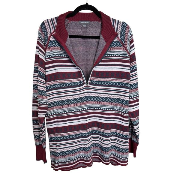 Eddie Bauer Fair Isle Burgundy Blue Striped 1/4 Zip Women’s Sweater Sz 2xL - Picture 2 of 6